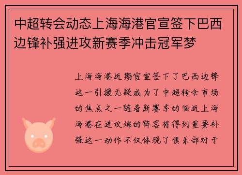 中超转会动态上海海港官宣签下巴西边锋补强进攻新赛季冲击冠军梦 中超转会动态上海海港官宣签下巴西边锋补强进攻新赛季冲击冠军梦