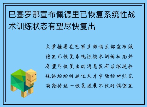 巴塞罗那宣布佩德里已恢复系统性战术训练状态有望尽快复出 巴塞罗那宣布佩德里已恢复系统性战术训练状态有望尽快复出