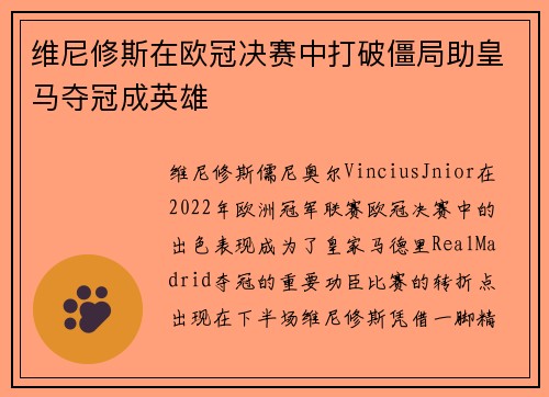 维尼修斯在欧冠决赛中打破僵局助皇马夺冠成英雄 维尼修斯在欧冠决赛中打破僵局助皇马夺冠成英雄